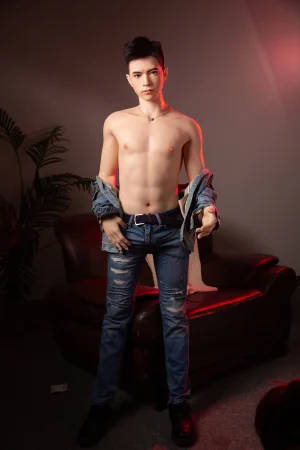 lifelike-silicone-male-sex-doll-uk-jax-standing-jeans-red-lighting